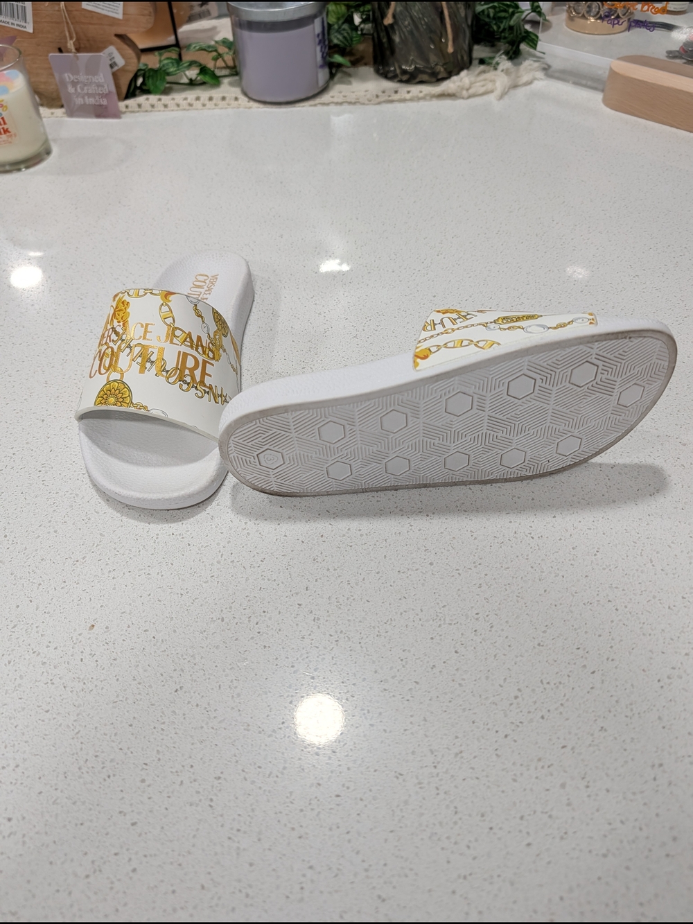 Versace Jeans Couture Collection White & Gold Logo Slide Sandals - Picture 4 of 4